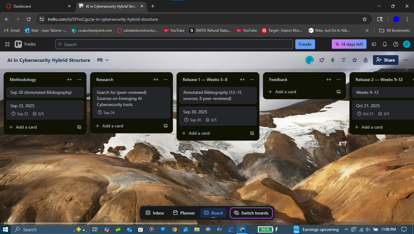 Screenshot of Trello board mapped to phases, releases, and feedback checkpoints